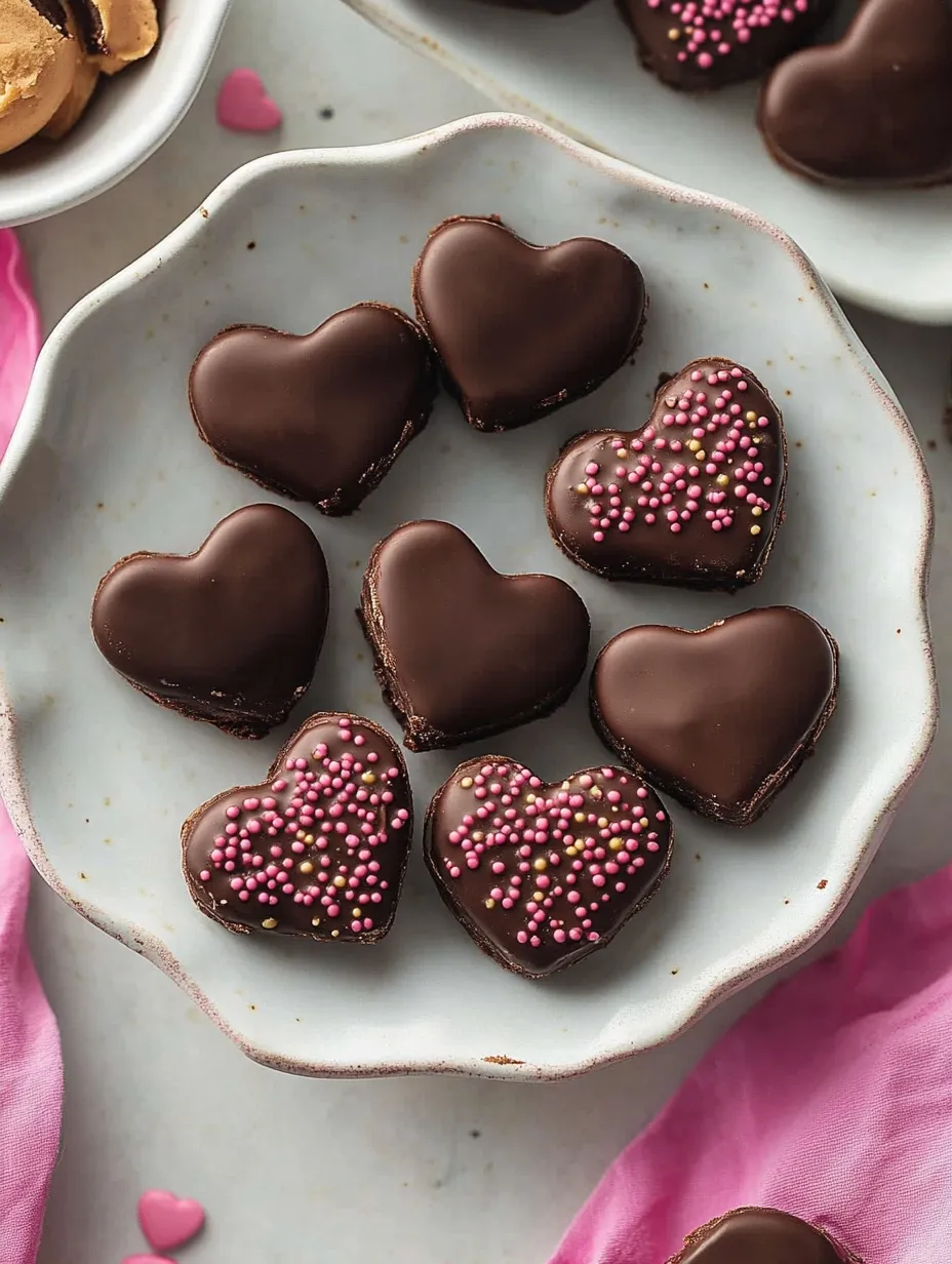 A plate of chocolate hearts with pink sprinkles on top.