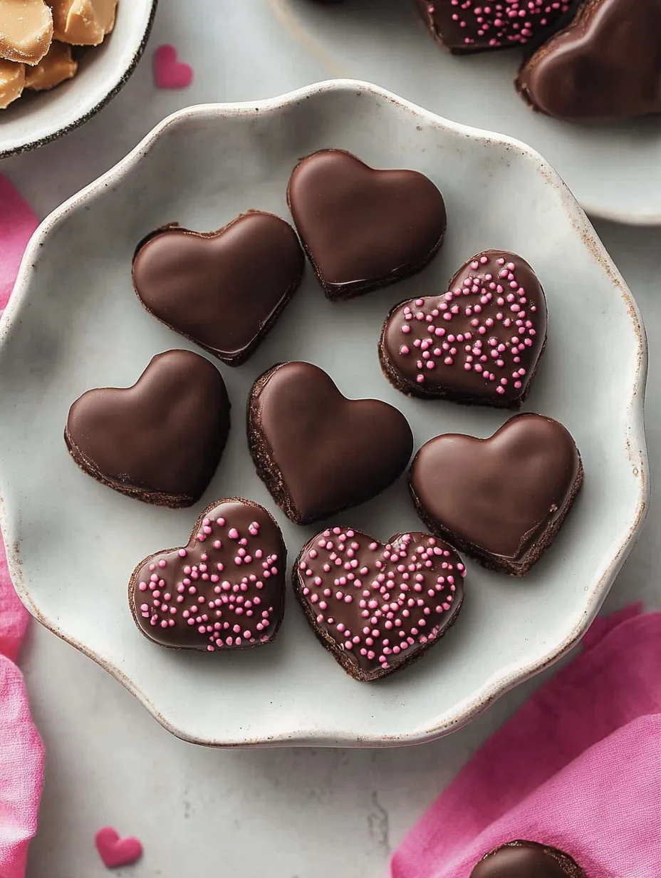 A plate of chocolate hearts with pink sprinkles on top.