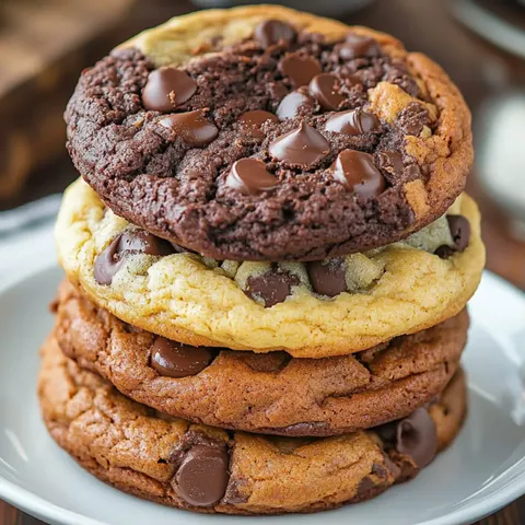 Three chocolate chip cookies stacked on a plate.
