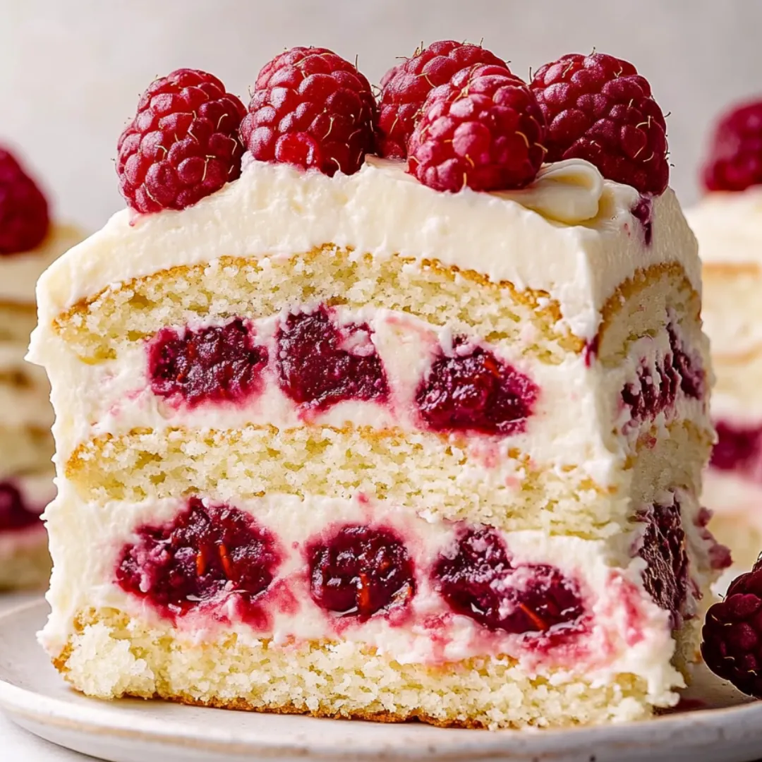 A slice of cake with raspberries on top.