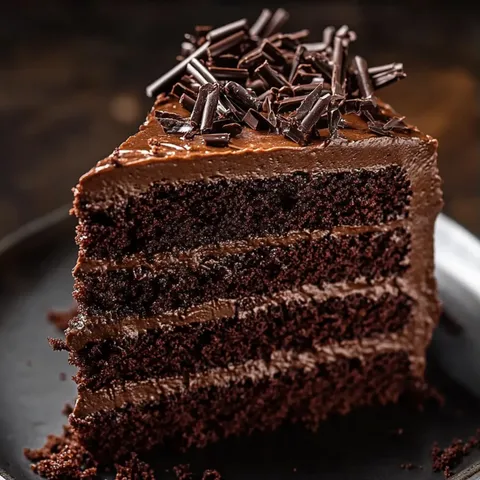 A slice of chocolate cake with chocolate sprinkles on top.