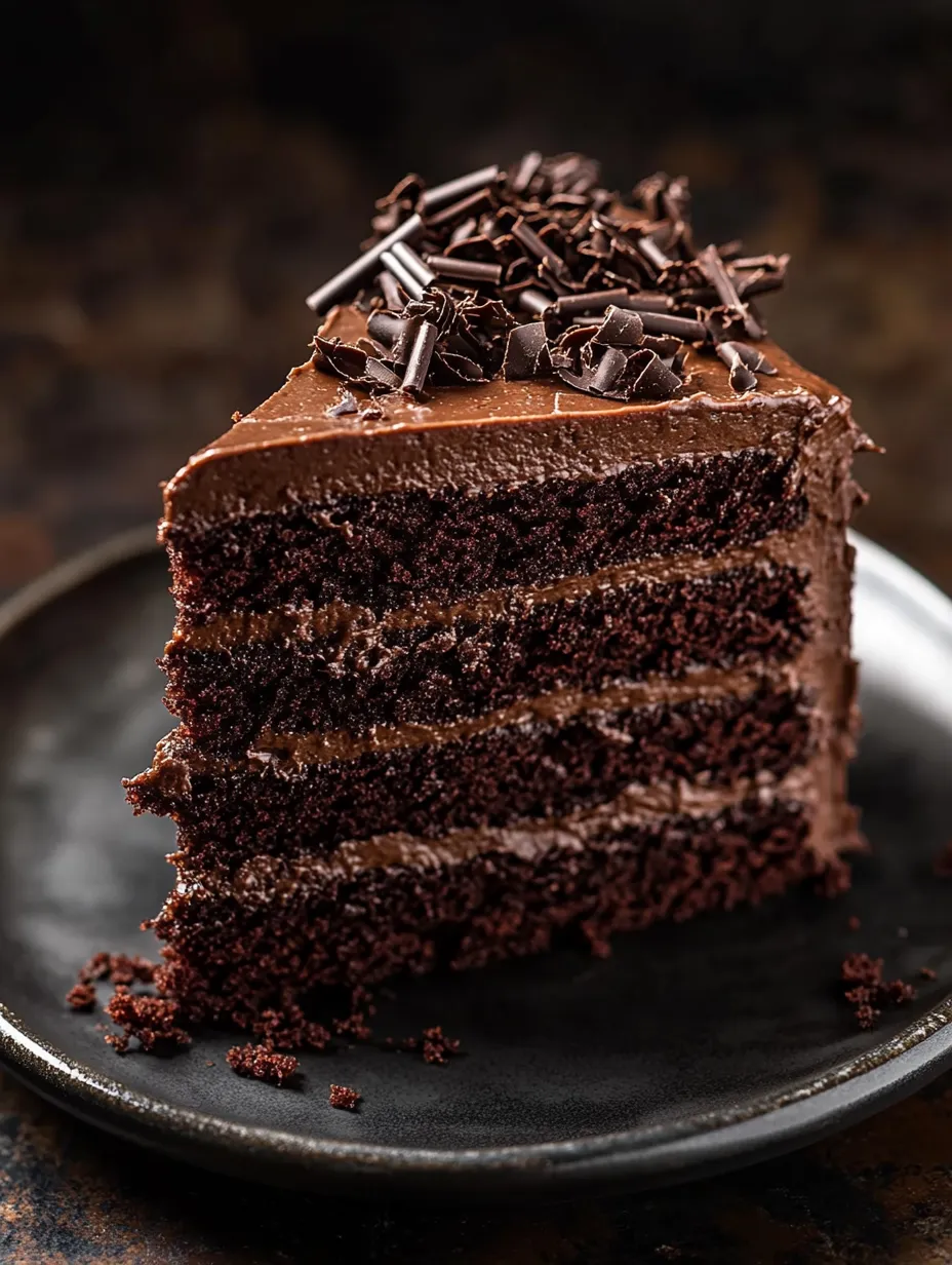 A slice of chocolate cake with chocolate chips on top.