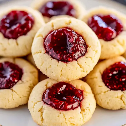 A plate of cookies with jelly in the middle.