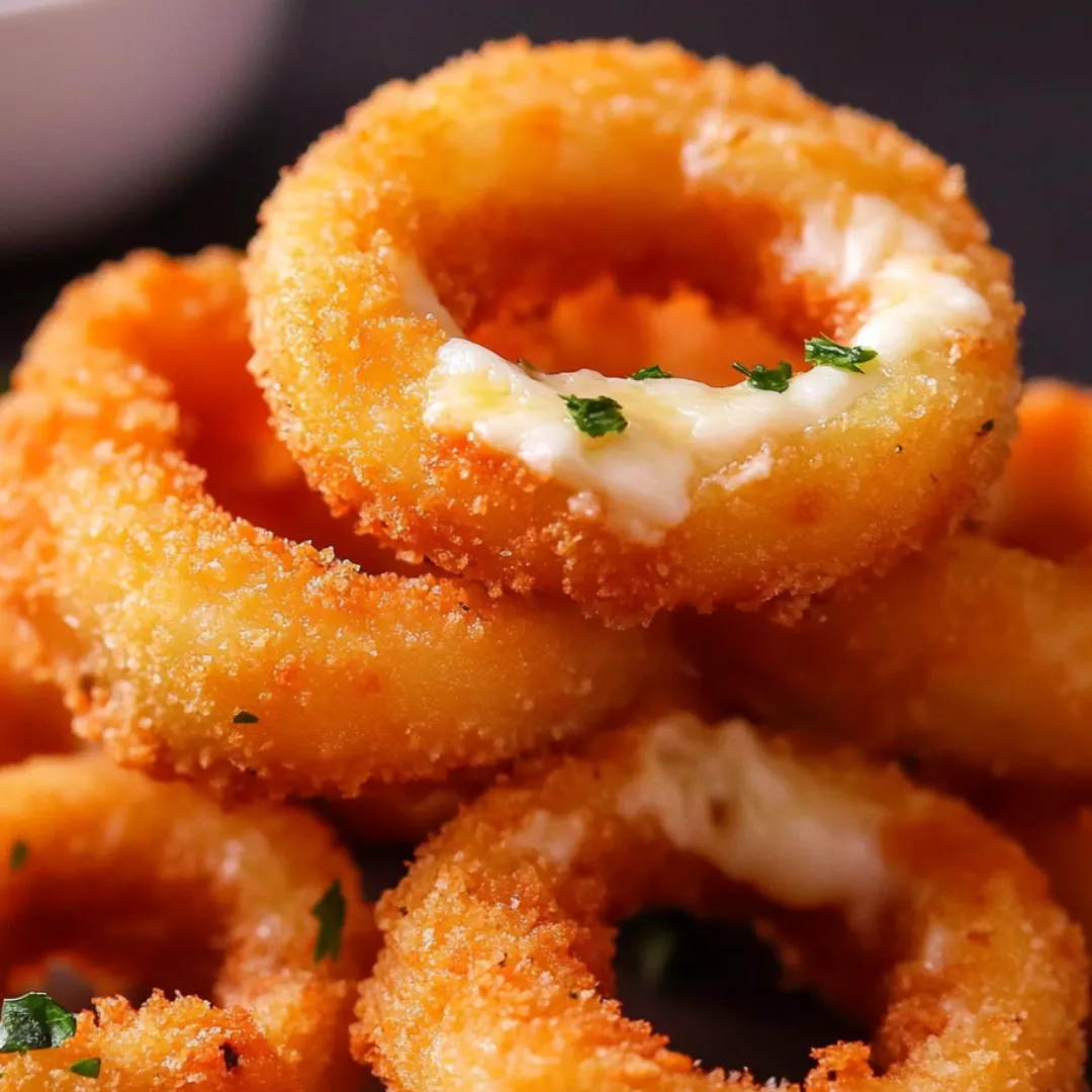 A stack of fried onion rings with cheese on top.