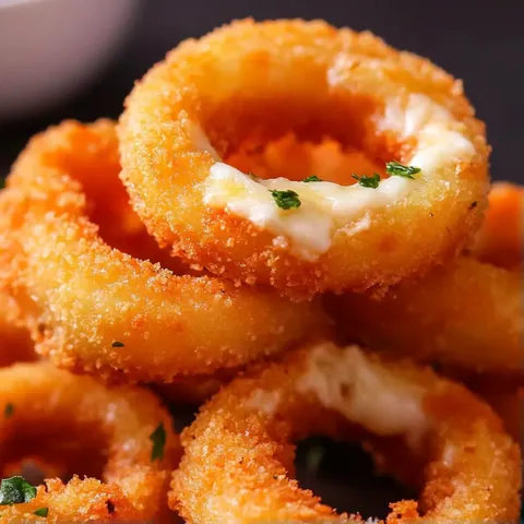 A stack of fried onion rings with cheese on top.