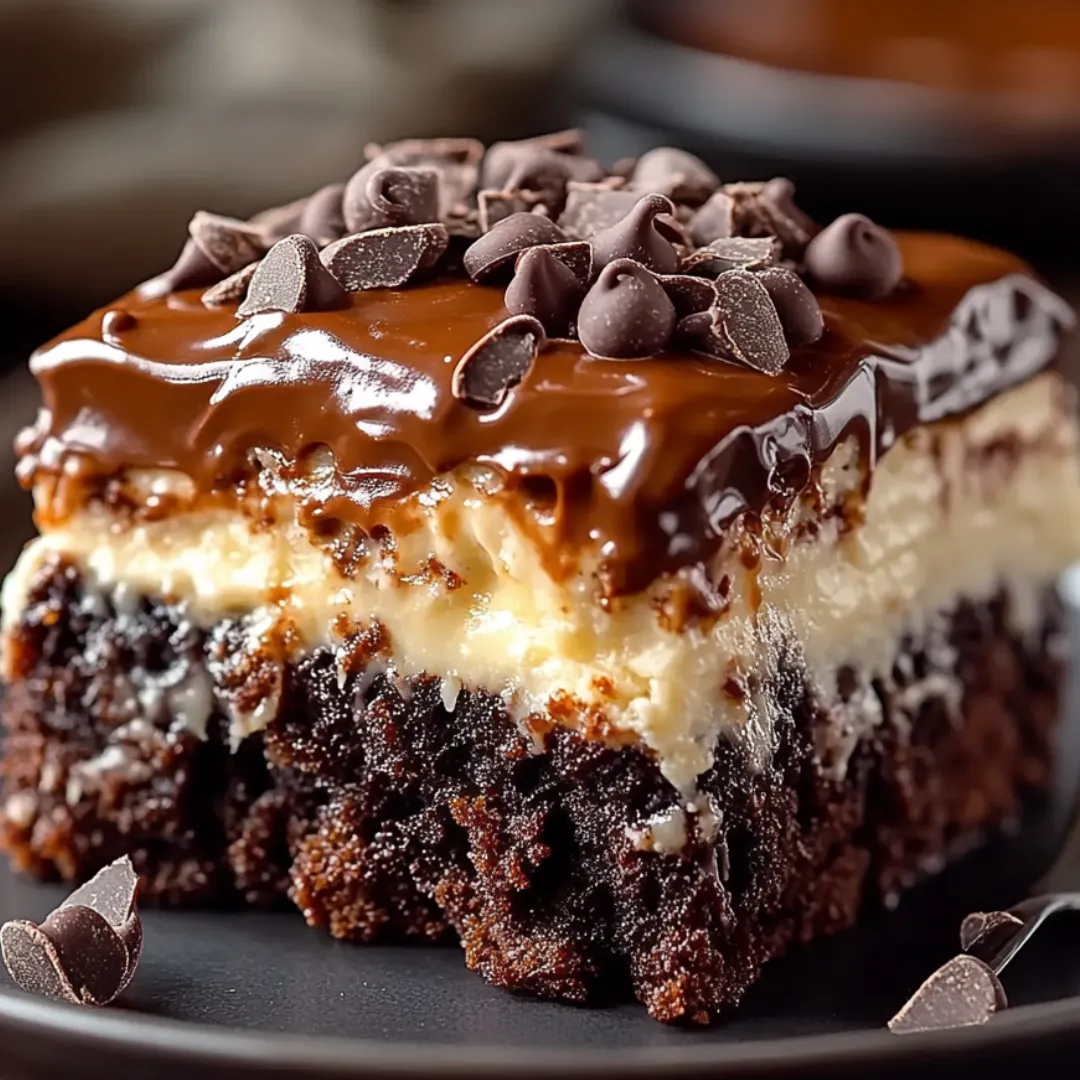 A slice of chocolate cake with chocolate chips on top.