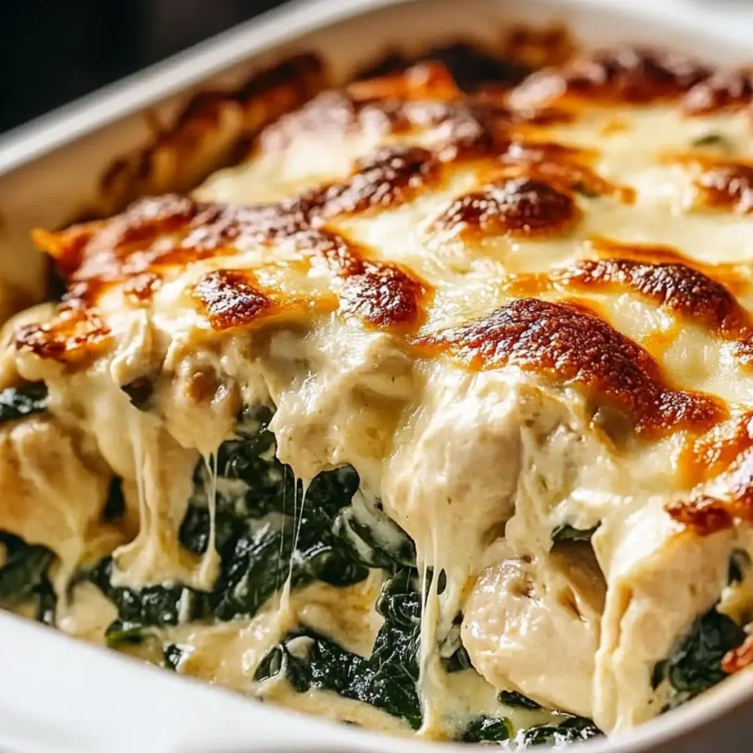 A delicious cheese and spinach casserole in a white bowl.