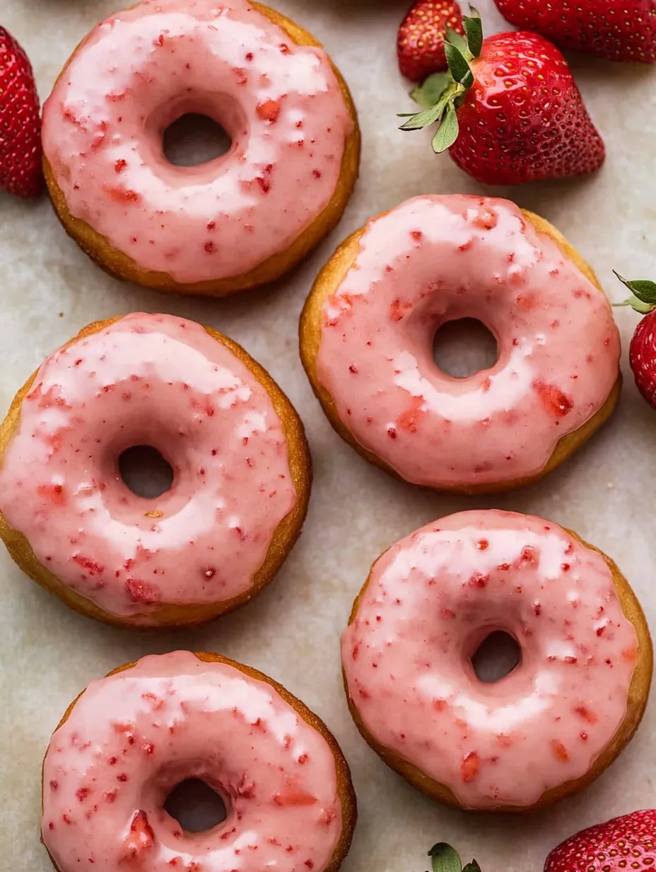 A table with a bunch of pink donuts and strawberries.