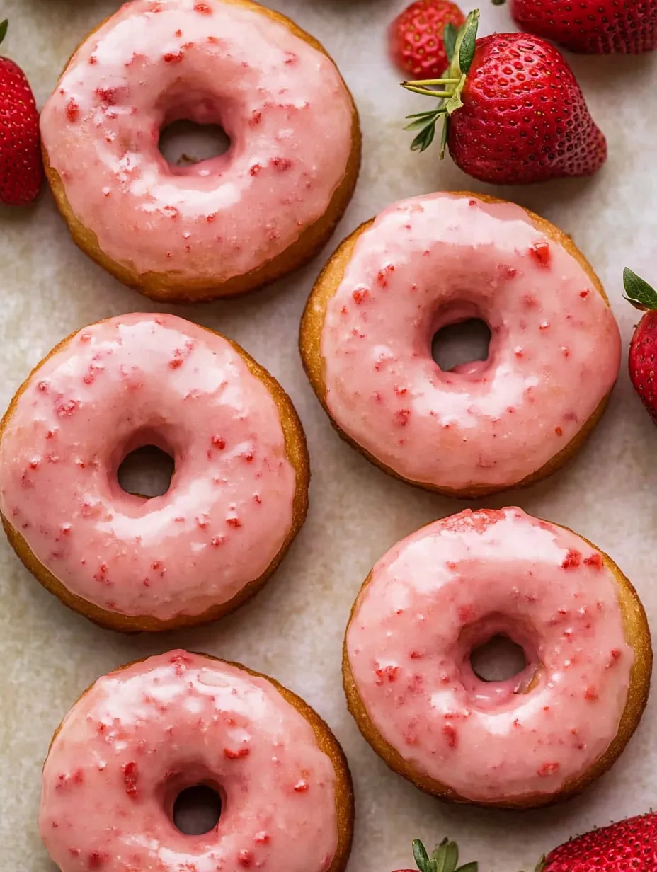 A table with a bunch of pink donuts and strawberries.