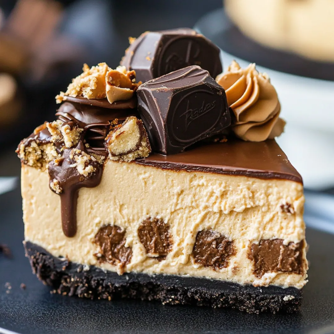 A slice of cheesecake with chocolate and nuts on top.