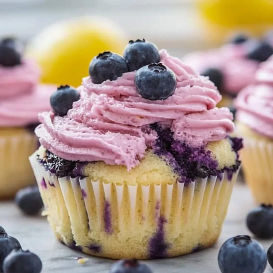 A cupcake with blueberries and pink frosting.