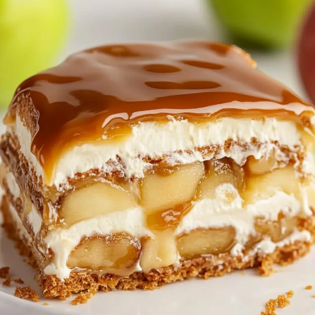 A slice of pie with a caramel sauce on top.