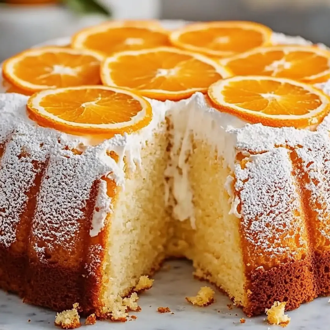 A slice of orange cake with orange slices on top.