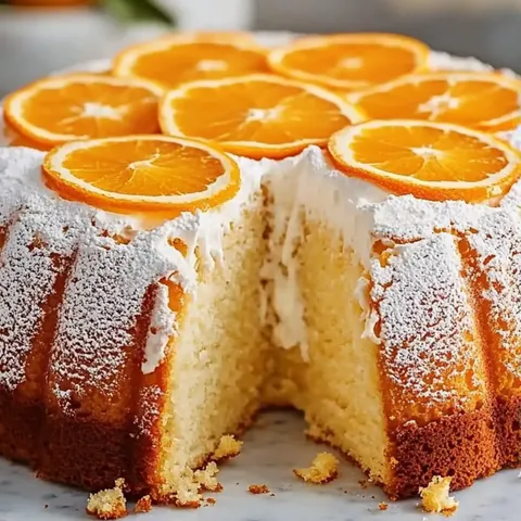 A slice of orange cake with orange slices on top.
