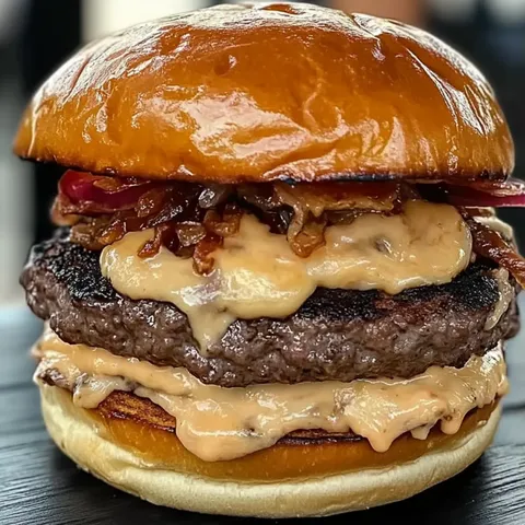 A large hamburger with cheese and bacon on top.