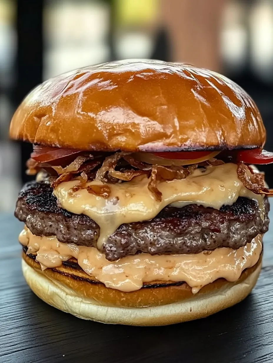 A large hamburger with cheese and onions on top.