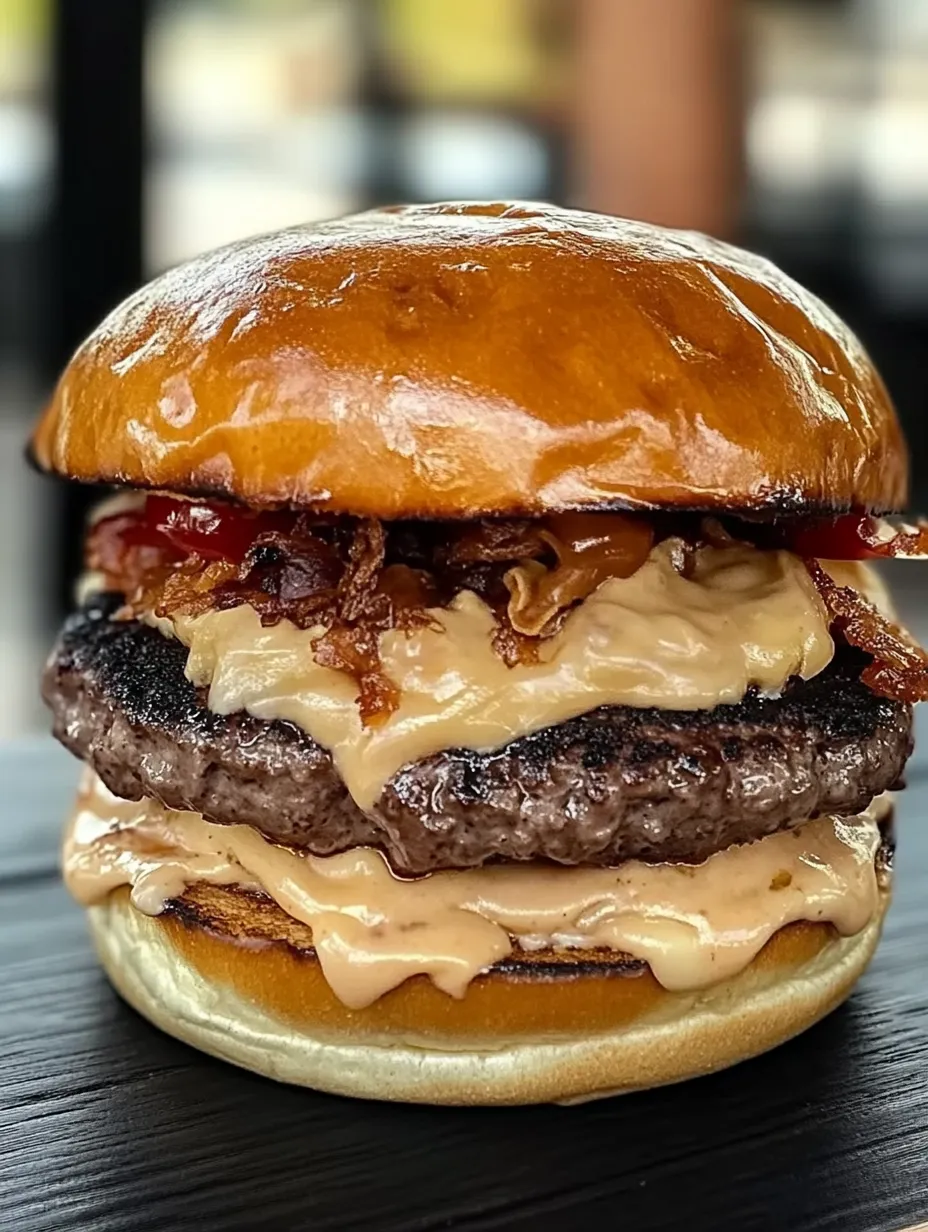 A large burger with cheese and bacon on top.