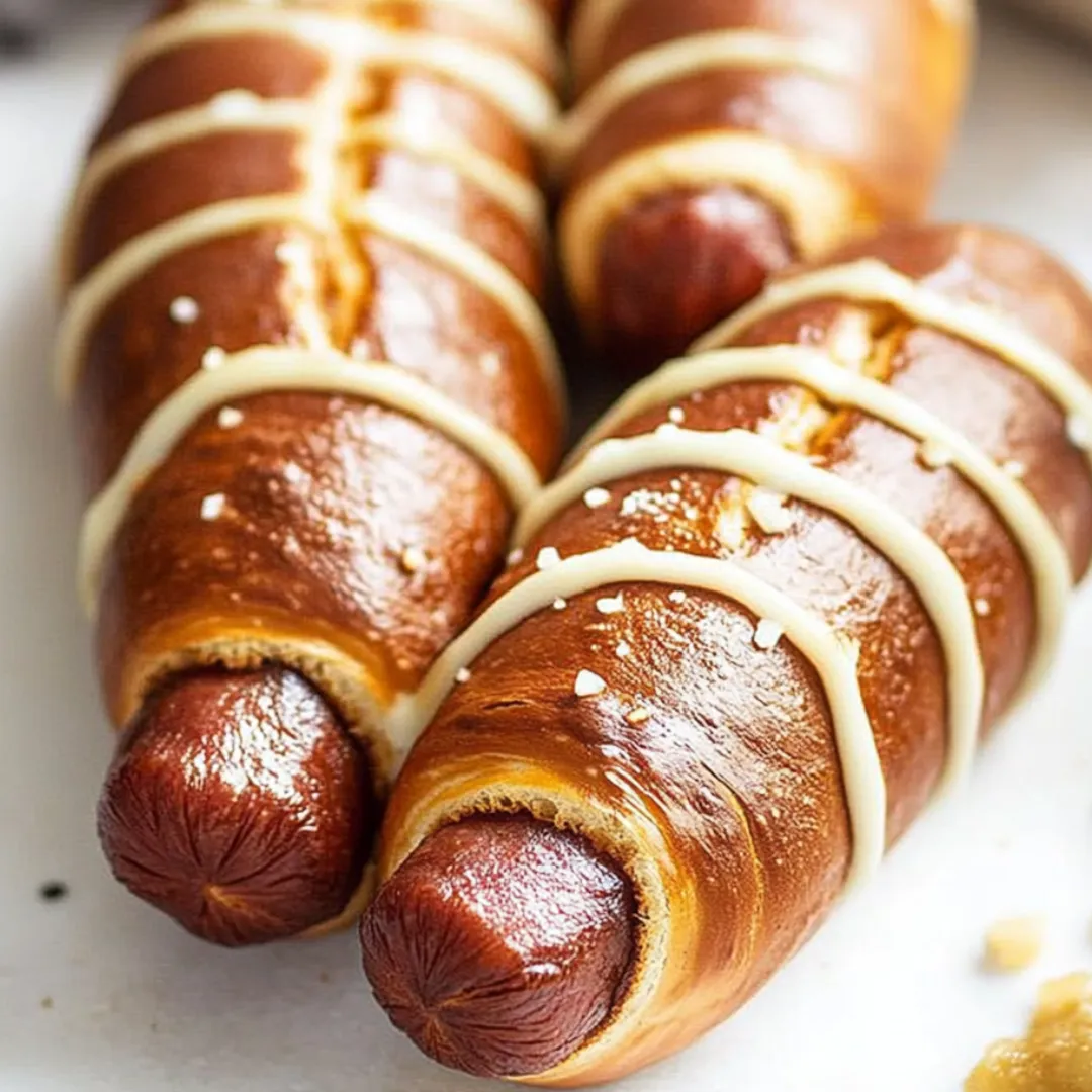 Two hot dogs wrapped in bread with cheese and mustard.