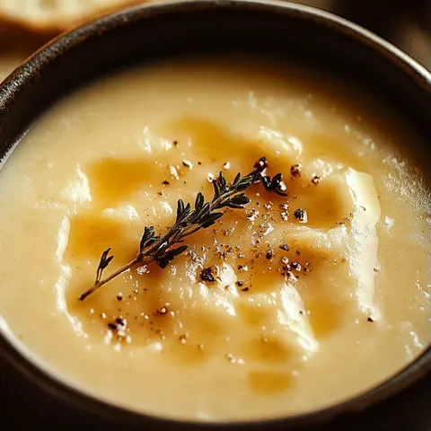 A bowl of soup with a sprig of thyme on top.