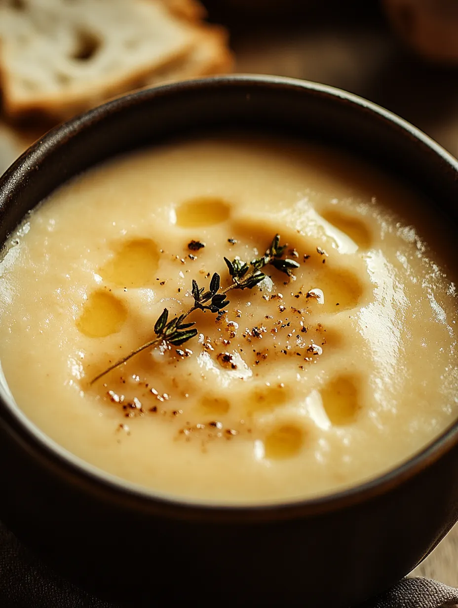 A bowl of soup with a sprig of thyme on top.