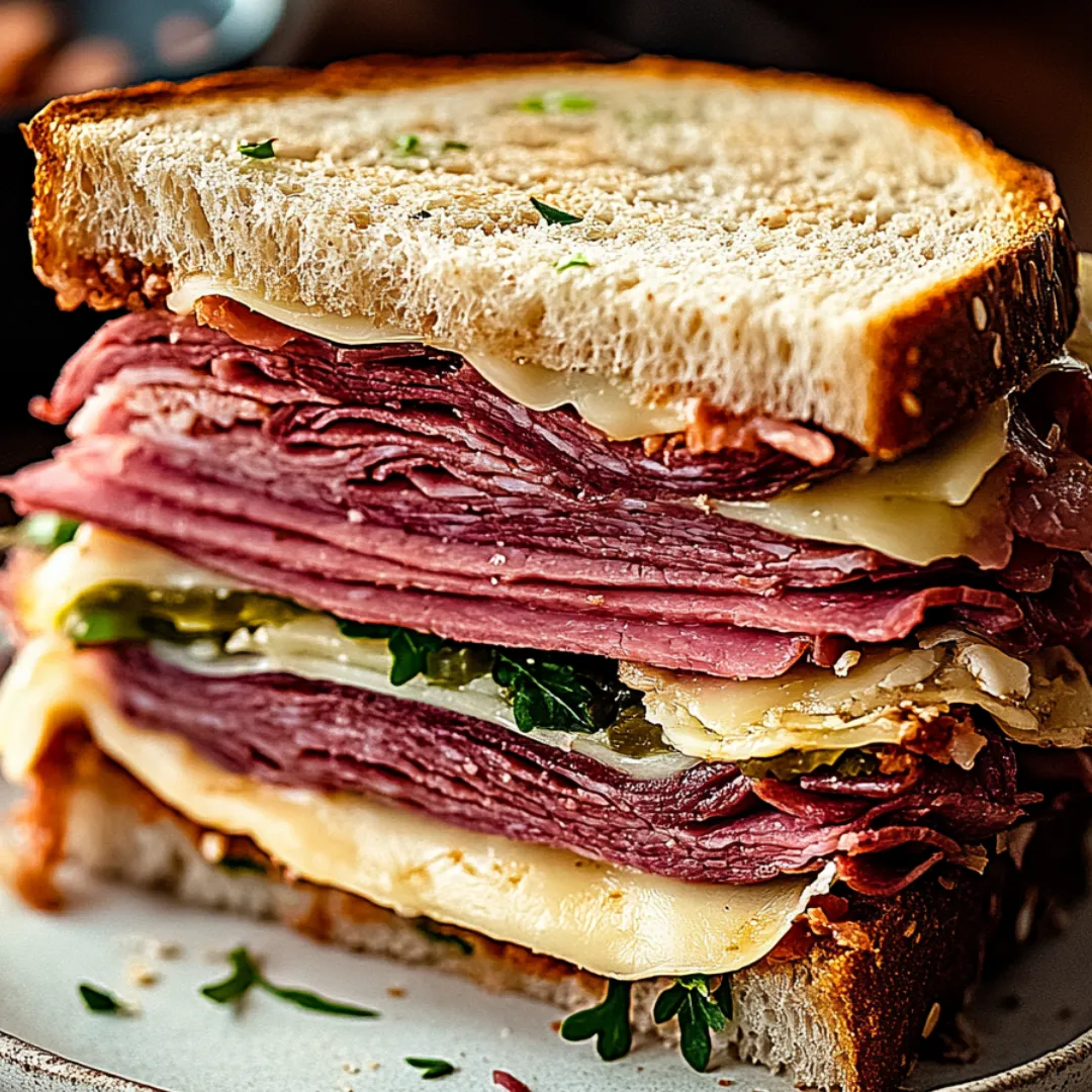A sandwich with meat and cheese on a plate.