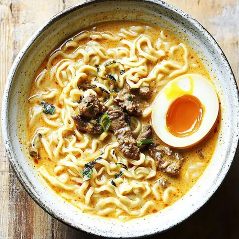 A bowl of noodles with meat and egg.