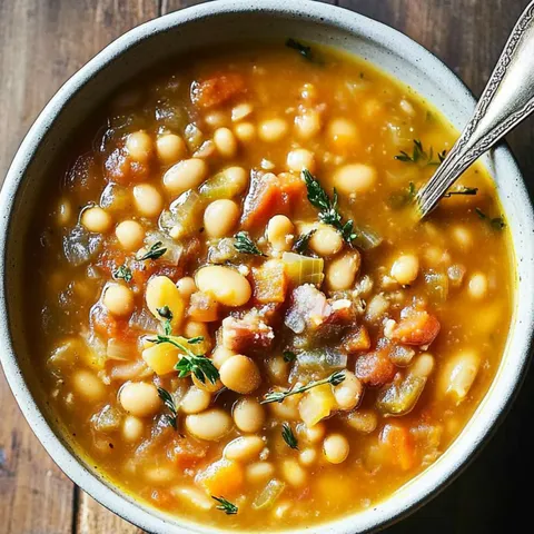 A bowl of soup with beans and carrots.