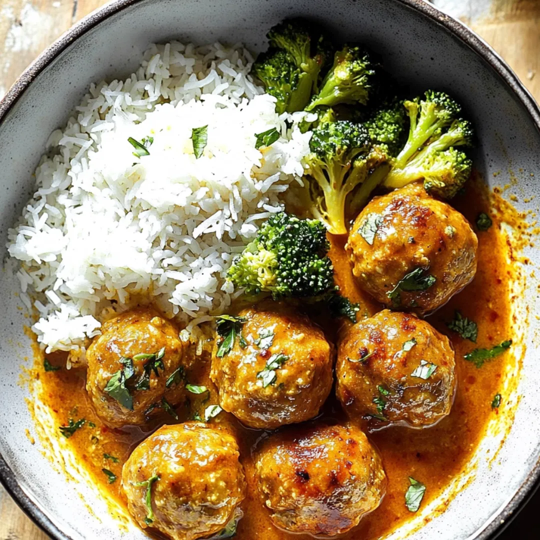 A bowl of food with rice, broccoli, and meatballs.