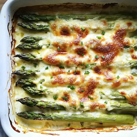 A dish of food with asparagus and cheese.
