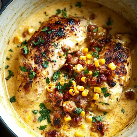 A bowl of chicken and corn.