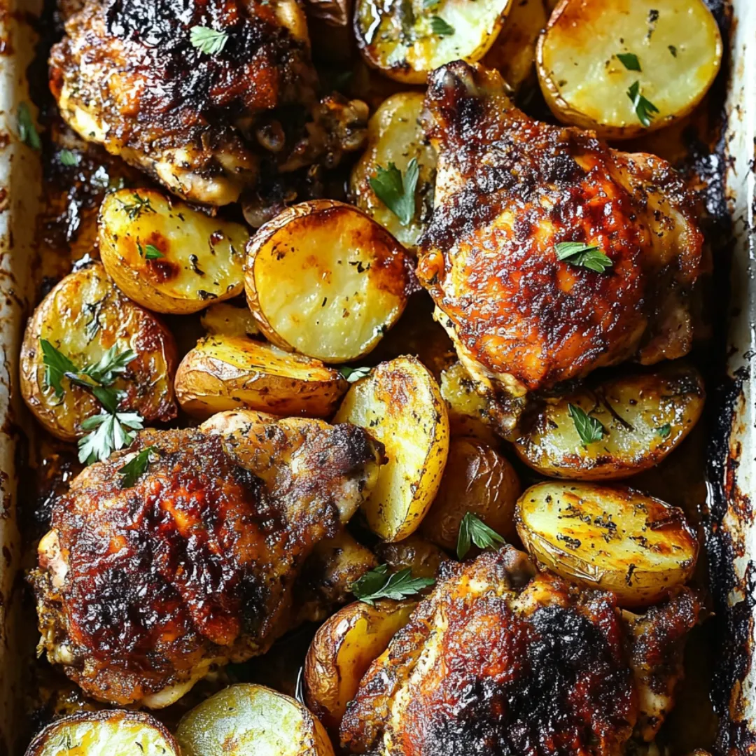 Chicken and potatoes in a pan.