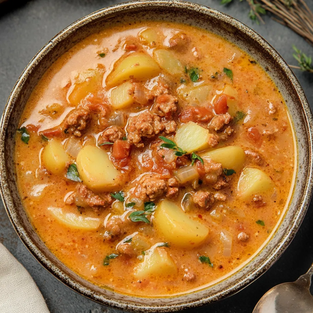 A bowl of soup with meat and vegetables.