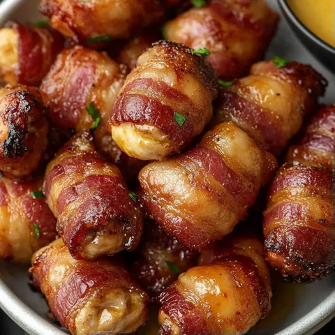 A plate of bacon wrapped appetizers.