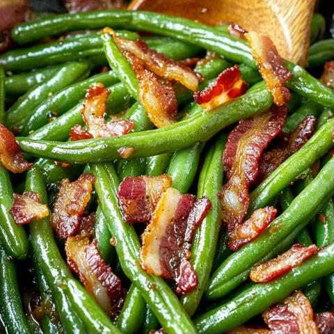 Bacon and green beans on a plate.