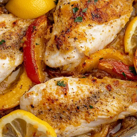 A bowl of chicken with lemon slices.