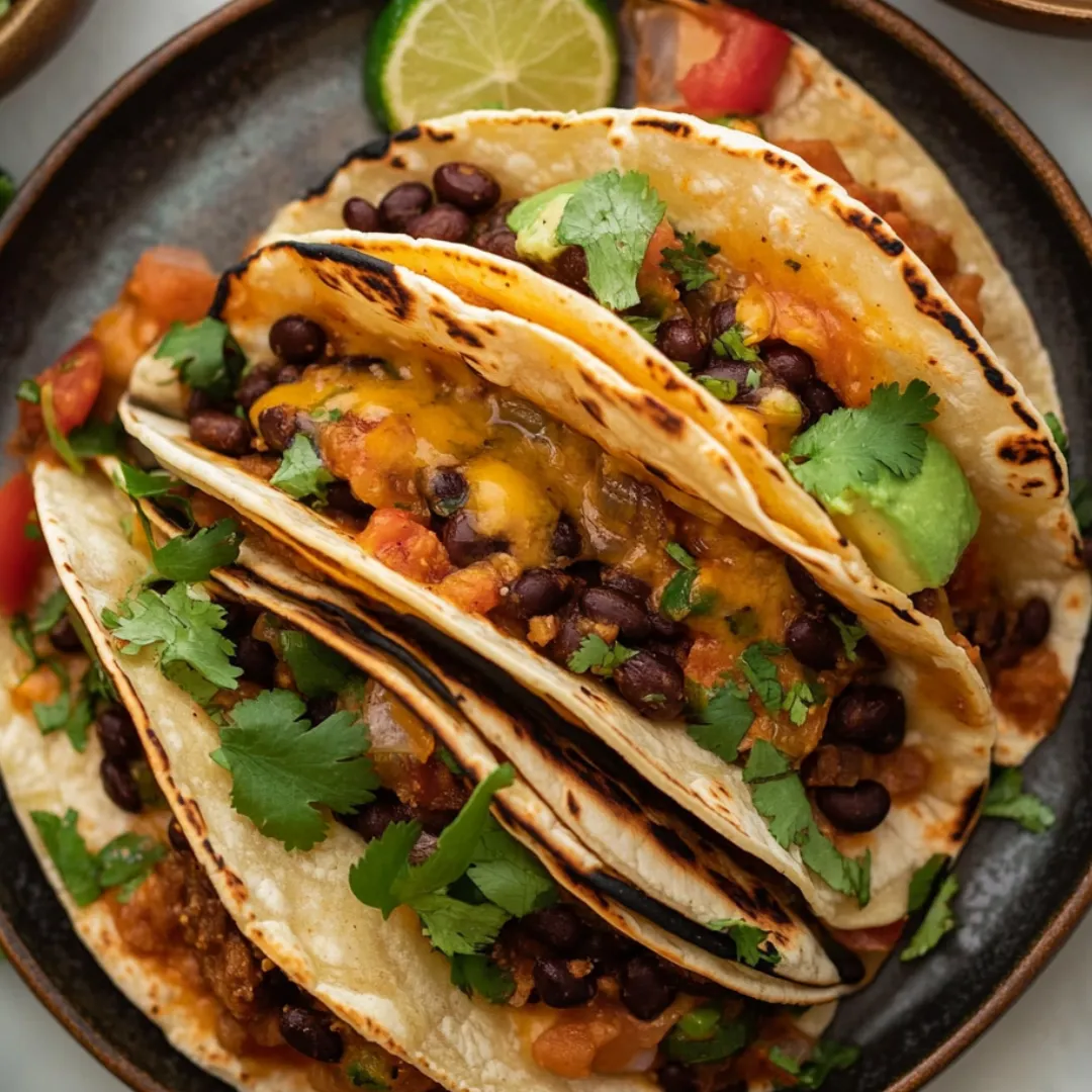 Two tacos with black beans and cheese.