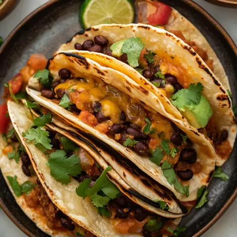 Two tacos with black beans and cheese.