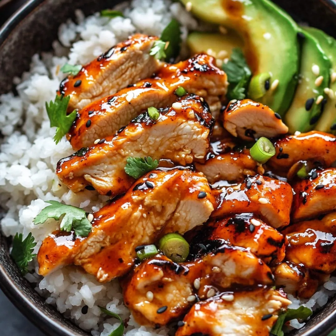 A bowl of rice with chicken and vegetables.