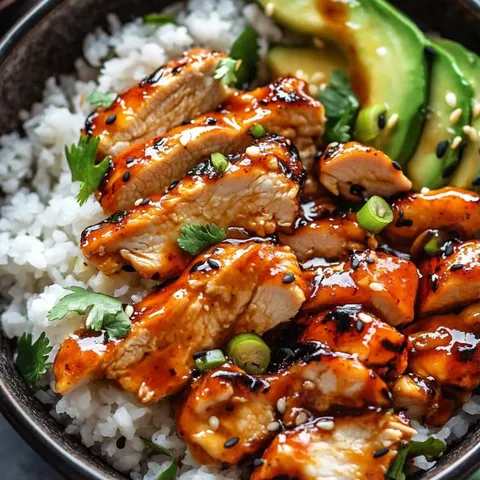 A bowl of rice with chicken and vegetables.