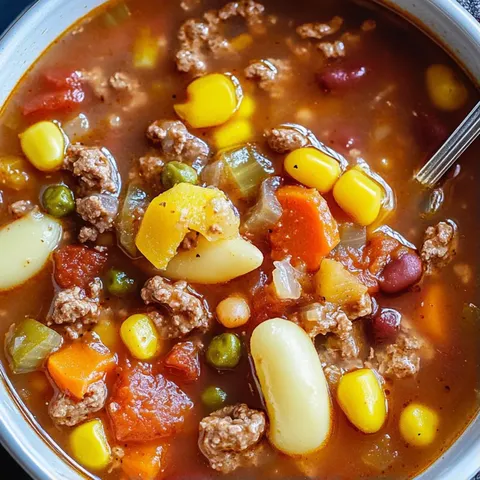 A bowl of soup with meat and vegetables.