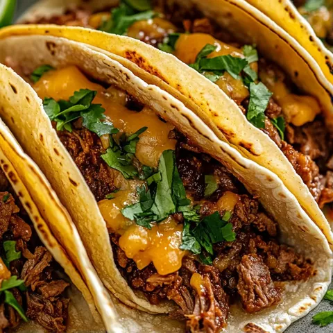 Three tacos with meat and cheese.