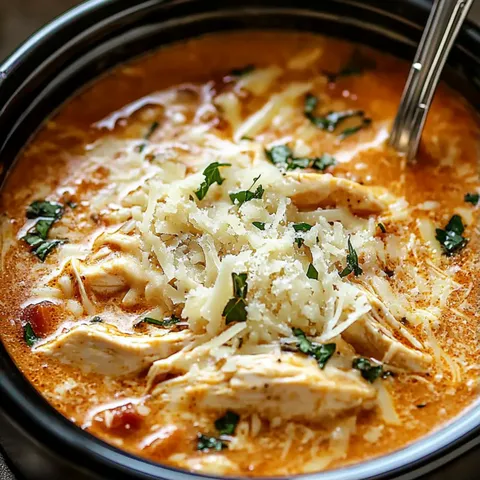 A bowl of soup with chicken and cheese.