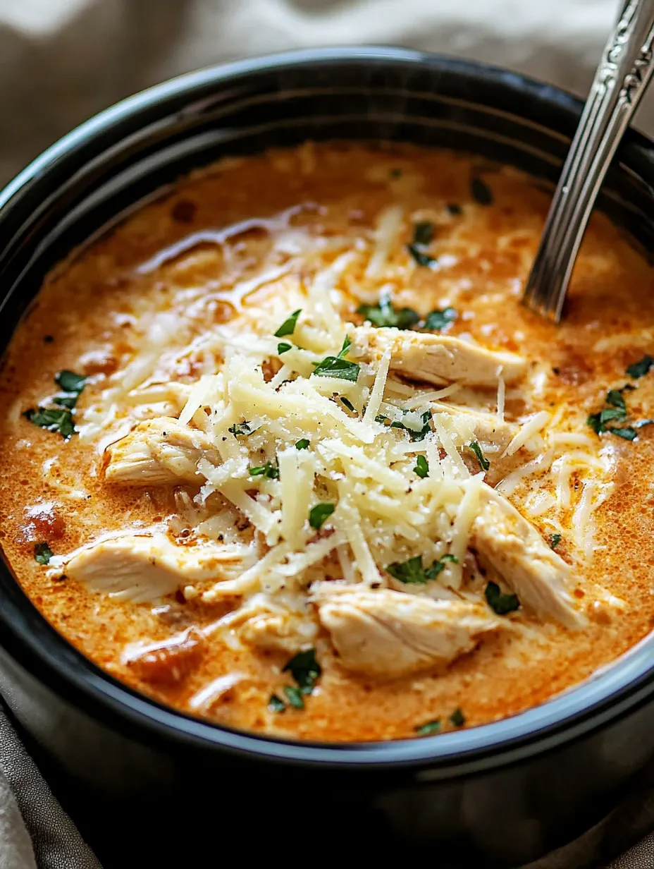 A bowl of soup with chicken and cheese.