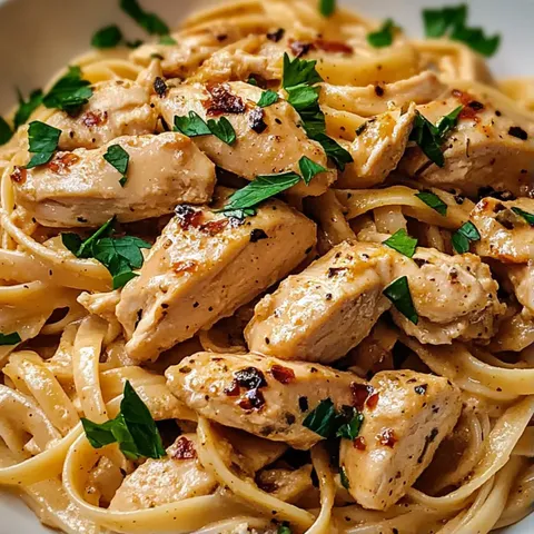A plate of chicken and pasta.