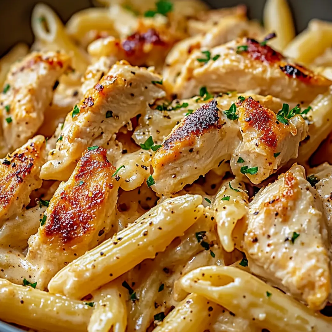A plate of pasta with chicken and herbs.