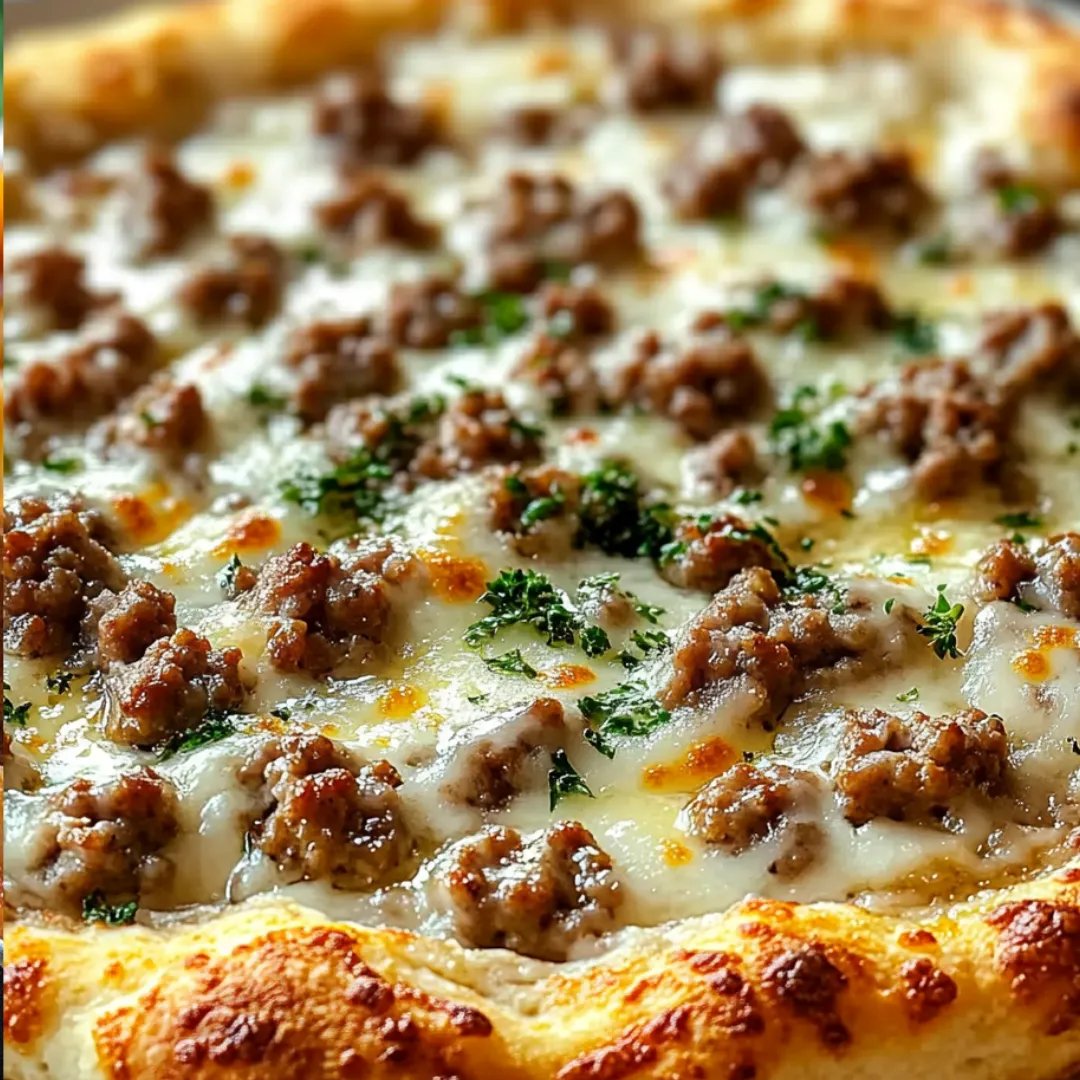 A slice of pizza with meat and cheese.