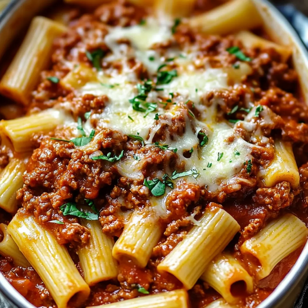 A bowl of pasta with meat sauce.