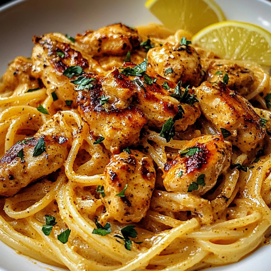A bowl of pasta with chicken and lemon wedges.