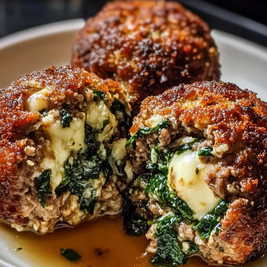 Three meatballs with cheese and spinach.