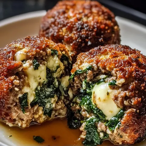 Three meatballs with cheese and spinach.